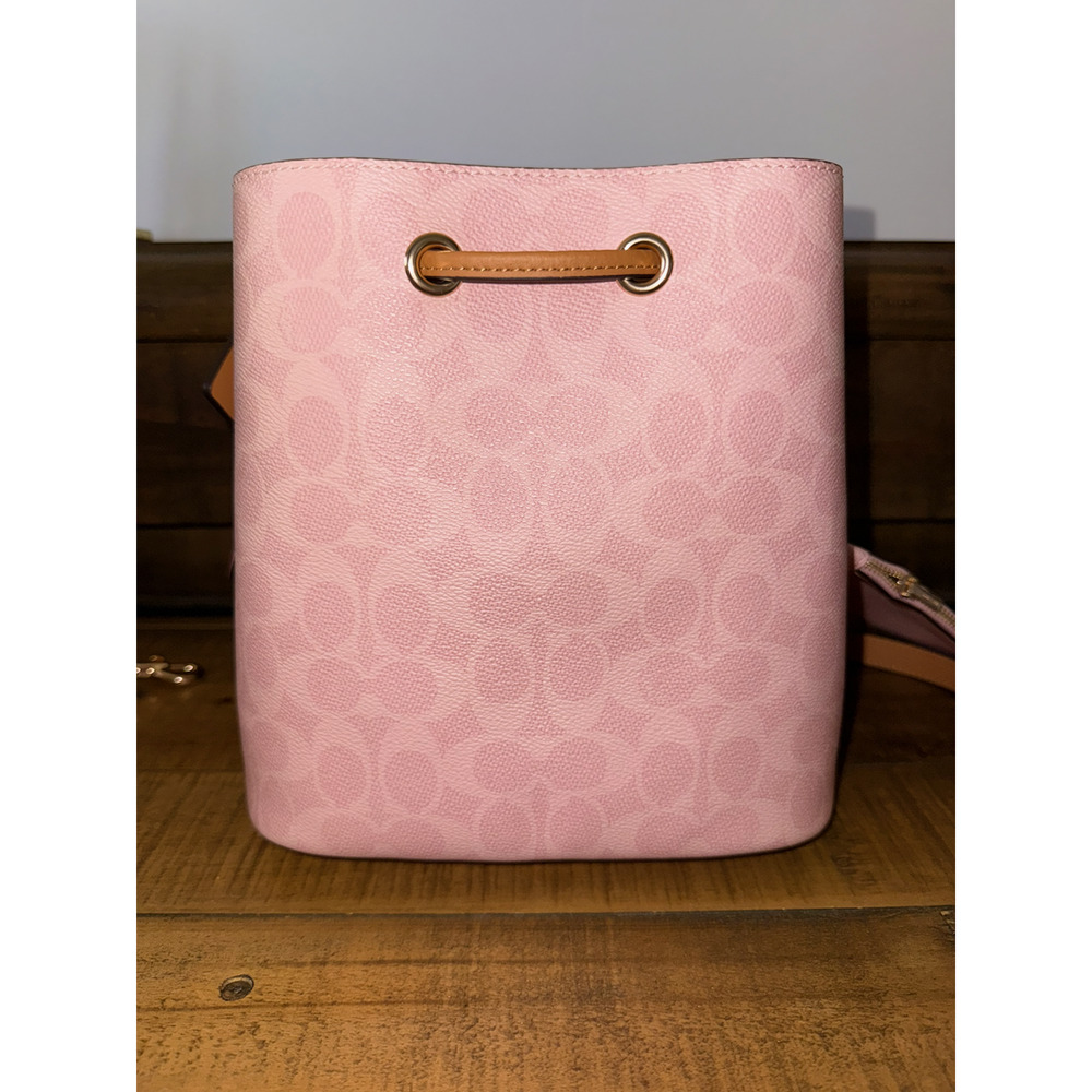 NWT Coach Bucket Bag Women's Medium Pink Signature Canvas Leather Crossbody - Picture 8 of 14